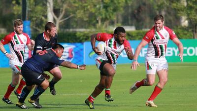 UAE beat Guam, in blue, and Thailand to win the Asia Rugby Championship Division Two title in May 2019. They have not played a Test match since. Courtesy Asia Rugby