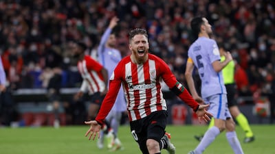 Athletic Club's midfielder Iker Muniain celebrates after scoring against FC Barcelona during the Spanish King's Cup round of 16 soccer match between Athletic Bilbao and FC Barcelona at San Mames stadium in Bilbao, Basque Country, northern Spain, 20 January 2022. EPA / Miguel Tona
