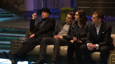 From left, Woody Harrelson, Dave Franco, Lizzy Caplan and Jesse Eisenberg in Now You See Me 2. Jay Maidment