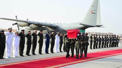 The body of Saif Youssef Ahmed Al Falasi, who was killed on duty in Yemen, is received at Al Bateen Airport in Abu Dhabi. Wam