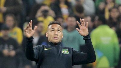 Neymar of Brazil warms up before their Rio 2016 Olympic Games men’s football quarter-final match between Brazil and Colombia at the Corinthians Arena, in Sao Paulo, Brazil, on August 13, 2016. Miguel Schincariol / AFP