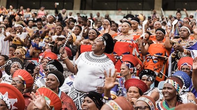 Women celebrate with ululations during King Misuzulu Zulu's coronation at the Moses Mabhida Stadium in Durban. AFP