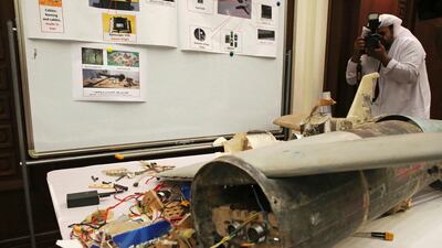 A picture of an Iranian Qasef drone captured on the battlefield in Yemen, displayed during a news conference in Abu Dhabi, UAE, on June 19, 2018. Jon Gambrell / AP