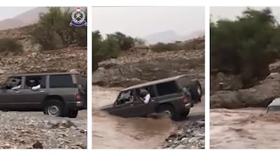 Screenshots from a video posted by Royal Oman Police on social media showing a group of four citizens trying to cross a valley in the Wadi Bani Ghafer area. Photo: Royal Oman Police