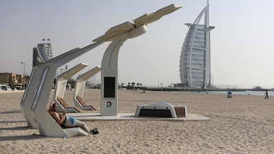 Smart Palms installation, a free wifi and mobile phone charging station for visitors at Umm Suqeim beach. Sarah Dea / The National