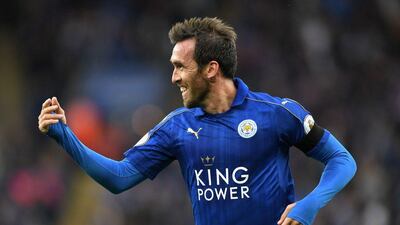 Christian Fuchs of Leicester City celebrates scoring his side’s third goal. Michael Regan / Getty Images