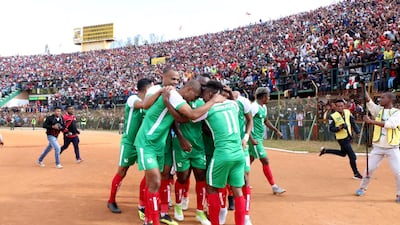 Madagascar players celebrate after scoring against Senegal during their Africa Cup of Nations 2019 qualifier on September . AFP