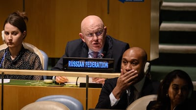 Russia's UN ambassador Vasily Nebenzya speaks during the General Assembly emergency meeting. AFP
