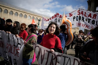 High school students demonstrate outside the Pantheon monument, Thursday, March 30, 2023 in Paris. AP