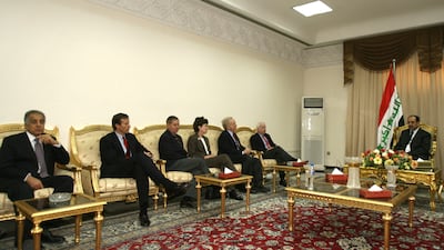 Nouri Al Maliki, Iraq's prime minister at the time, meets, from left, US ambassador to Baghdad Zalmay Khalizad, and US senators John Thune, Lindsey Graham, Susan Collins, Joseph Lieberman and John McCain, in Baghdad, 2006. AFP