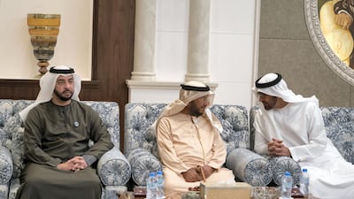 Sheikh Mohamed bin Zayed speaks to Sheikh Sultan bin Zayed during the mourning majlis marking the passing of Sheikha Hessa bint Mohammed Al Nahyan, at Mushrif Palace in January 2018. Also seen is Sheikh Hamdan bin Zayed, left. Mohamed Al Hammadi / Crown Prince Court - Abu Dhabi