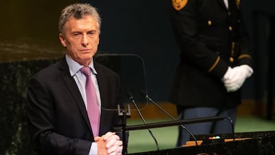 Mauricio Macri, Argentina's president, pauses while speaking during the UN General Assembly meeting in New York, US. Macri said Argentina will bring case of crimes against humanity by the "Venezuelan dictatorship" to the International Criminal Court. Bloomberg