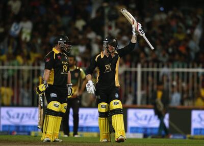 Eoin Morgan, right, captained the Kerala Kings to glory in the inaugural T10 League, held in Sharjah. Getty