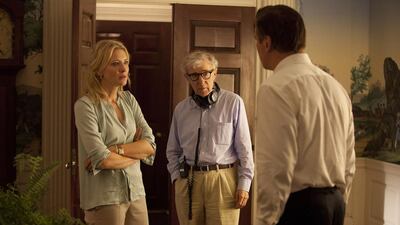 Cate Blanchett,left with the director Woody Allen, centre and Alec Baldwin on the set of Blue Jasmine. Photo by Jessica Miglio