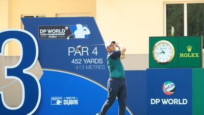 Francesco Molinari tees off at the third hole during his third round at the DP World Tour Championship. Getty Images