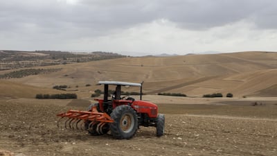 A farmer fertilises his field with a tractor in Toukeber, Beja amid a drought