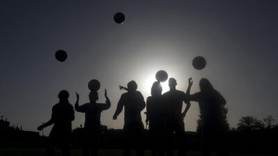 Palestinian girls tarining at the Beit Lahia football club in the northern Gaza strip as part of an after-school sport program funded by the Palestine Association for Children’s Encouragement of Sports. Mahmud Hams / AFP
