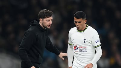 Ryan Mason, interim manager of Tottenham Hotspur, speaks to Pedro Porro. Getty