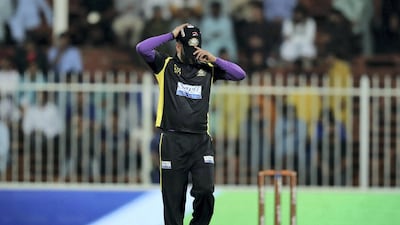 Kerala Knights fast bowler Mohammed Naveed looks disappointed as he goes for 28 runs in one over against Sindhis in the T10 League on Thursday in Sharjah.