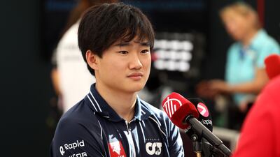 Yuki Tsunoda of Japan and AlphaTauri talks to the media. Getty Images