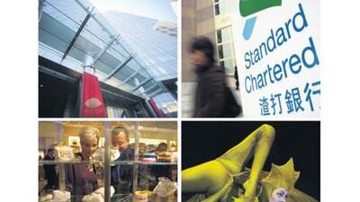 Clockwise from top left: the new Mandarin Oriental hotel at the MGM Mirage CityCenter in Las Vegas; Standard Chartered headquarters in Hong Kong; a performer from Cirque Du Soleil's Varekai show at The Royal Albert Hall in London; and shoppers at Barneys in Boston.
