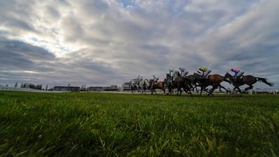 Runners and riders during the Highclere Thoroughbred Racing Mares' Standard Open NH Flat Race at Newbury Racecourse in England on Friday, March 5. PA