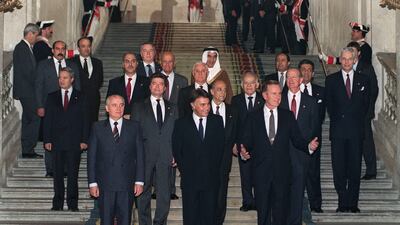 Heads of states and heads of delegations at the Middle East Peace Conference in Madrid on October 30, 1991. Pictured front row from left to right: Soviet President Mikhail Gorbachev, Spanish Prime Minister Felipe Gonzalez and US President George Bush. Second row from left to right: Syrian Foreign Minister Faruq Al Sharra, Lebanese Foreign Minister Faris Bouez, his Soviet counterpart Boris Dmitriyevich Pankin, Israeli Premier Itzhak Shamir, US State Secretary James Baker and his Egyptian counterpart Amr Moussa. AFP