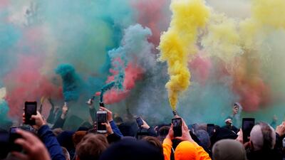 Manchester United fans protest against their American owners outside Old Trafford ahead of the Premier League game against Liverpool on Thursday, May 13. Reuters