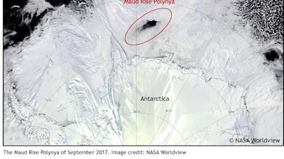 Polynya is a geographical term that is used to describe an area of unfrozen water surrounded by a large area of sea ice. Researchers at the NYU Abu Dhabi Institute have discovered an atmospheric trigger for the occurrence of the Maud-Rise Polynya that appeared in September 2017 in the Lazarev Sea. Courtesy: NYUAD