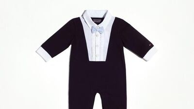 A tuxedo-inspired one-piece for newborn boys, from Tommy Hilfiger's Ramadan capsule collection for the GCC. Courtesy Tommy Hilfiger