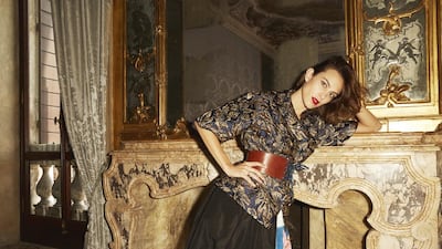 Exquisite interiors with years of history complemented Alexa Chung’s Prada outfits, available from July 15 online at Mytheresa.com. Courtesy of Mytheresa.com
