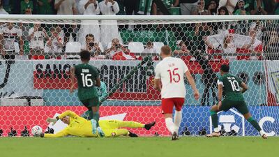 Saudi Arabia's Salem Al-Dawsari has his penalty saved by Poland's Wojciech Szczesny. Reuters