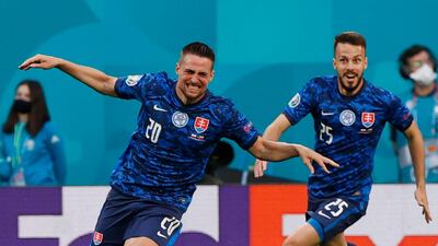 Slovakia's Robert Mak celebrates scoring in a 2-1 win over Poland. Reuters
