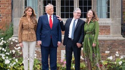 Keir Starmer and US President Donald Trump watch the British Army's Red Devils parachute display team at Chequers in Buckinghamshire in September 2025. PA