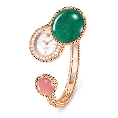 The Toi et Moi secret watch combines the French maison’s jewellery expertise with Swiss watchmaking, featuring its signature Perlée gold beading. Photo: Van Cleef & Arpels