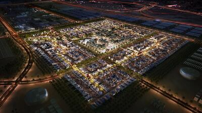 Above, an illustration of the residential community of ‘green’ villas and townhouses at Masdar City. Courtesy Masdar