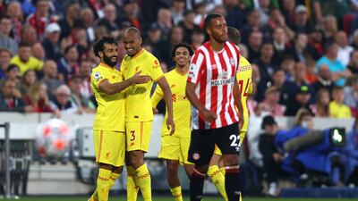 Mohamed Salah celebrates scoringat Brentford - his 100th Premier League goal for Liverpool. Getty