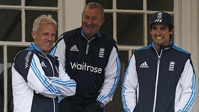 Peter Moores, left, and Alastair Cook, right, are expected to mould a new-look England team for the distant future. Russell Cheyne / Reuters
