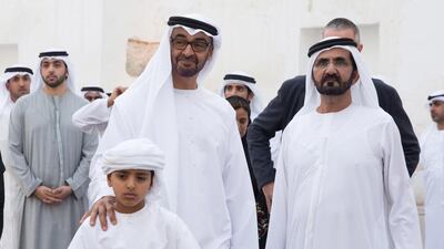 Sheikh Mohammed bin Zayed, Crown Prince of Abu Dhabi, centre, Sheikh Mohammed bin Rashid, Vice President and Ruler of Dubai, right, and Sheikh Zayed bin Mohammed bin Hamed bin Tahnoon Al Nahyan, left, at Qasr Al Hosn. Silvia Razgova / Crown Prince Court - Abu Dhabi