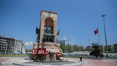 Wreaths at the empty Taksim Square during a May Day demonstration in Istanbul. EPA