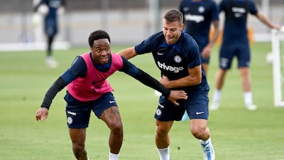 Chelsea stars Raheem Sterling and Cesar Azpilicueta during a training session ahead of the new season.