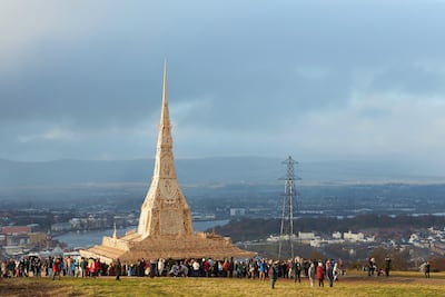 'The Temple', before it is set ablaze on March 21, 2015 in Londonderry, Northern Ireland. The structure was built for people to 'share in the celebration of peace in Northern Ireland'. Photo: Matthew Andrews