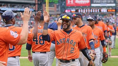 Houston Astros celebrate a win over the Detroit Tigers on May 24, 2015 at Comerica Park in Detroit, Michigan. The Astros defeated the Tigers 10-8. Leon Halip / Getty Images