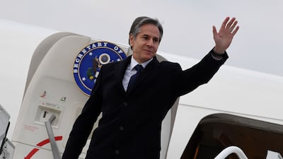 US Secretary of State Antony Blinken boards a military aircraft before leaving Chisinau, Moldova, on March 6. AFP