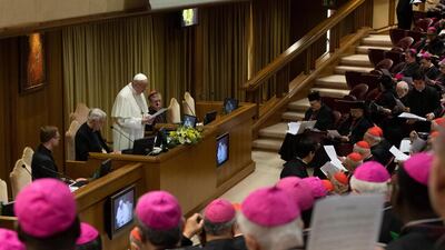 A handout picture provided by the Vatican Media shows shows Pope Francis attending the opening session of a global child protection summit for reflections on the sex abuse crisis within the Catholic Church, at the Vatican. EPA