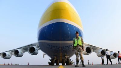 The world’s largest aircraft, the AN-225 Mriya, at Rajiv Gandhi International airport in Hyderabad. The airport operator has raised $350m. Noah Seelam / AFP