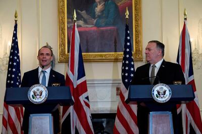 Secretary of State Mike Pompeo listens at a news conference with British Foreign Secretary Dominic Raab at the State Department in Washington, Wednesday, September 16, 2020. AP