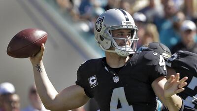 Oakland Raiders quarterback Derek Carr throws a pass against the Jacksonville Jaguars on October 23. The Raiders host the Denver Broncos this week. Chris O'Meara / AP