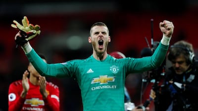 Manchester United's David de Gea celebrates after he helped shutout Tottenham at Wembley as United claimed a 1-0 win. Reuters