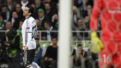 Manchester's United's Armenian forward Henrikh Mkhitaryan celebrates after scoring a goal against Saint-Etienne at the Geoffroy Guichard stadium in Saint-Etienne, central France. Philippe Desmazes / AFP